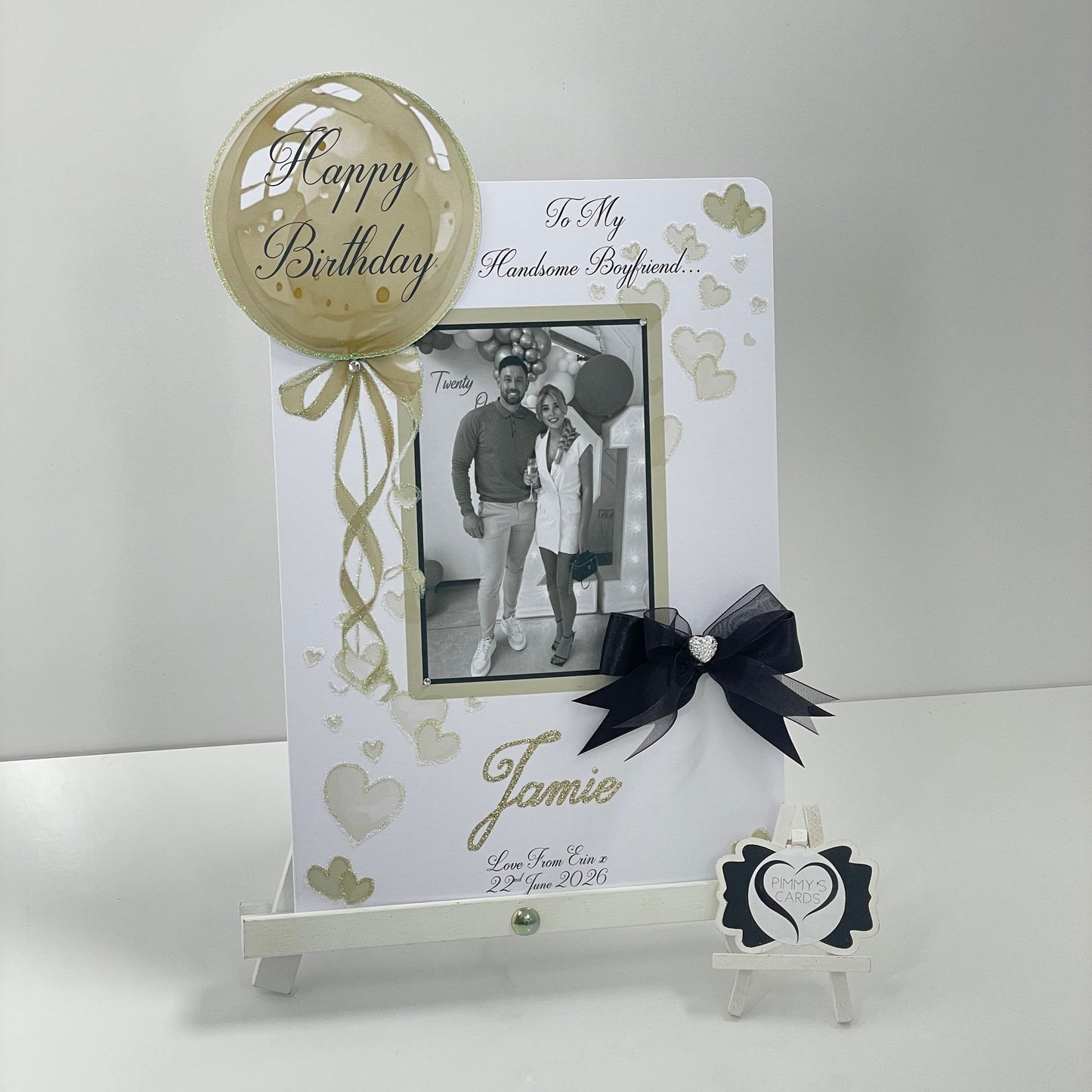 Black & Gold Theme - Gold Balloon Scattered Hearts Photo 3D Pop Out Card