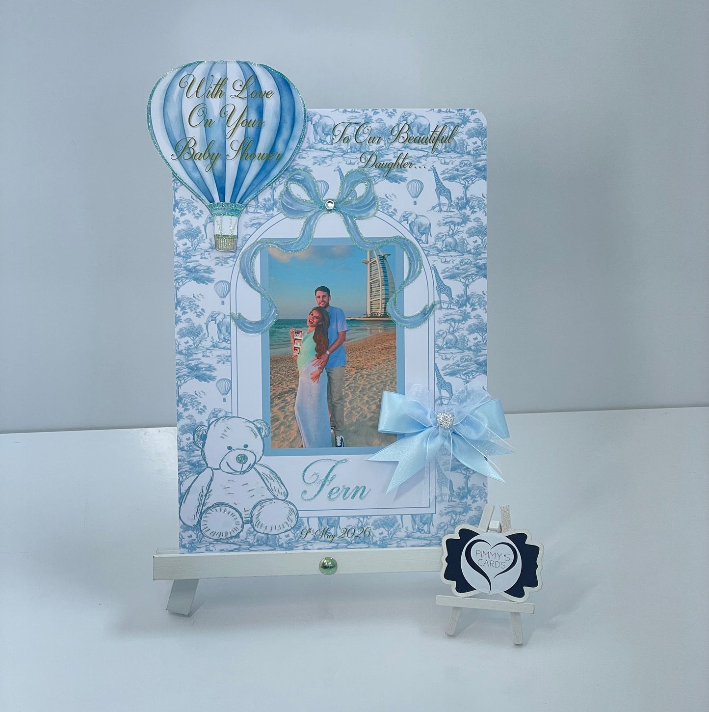 Blue Toile Hot Air Balloon & Teddy  3D Pop Out Card