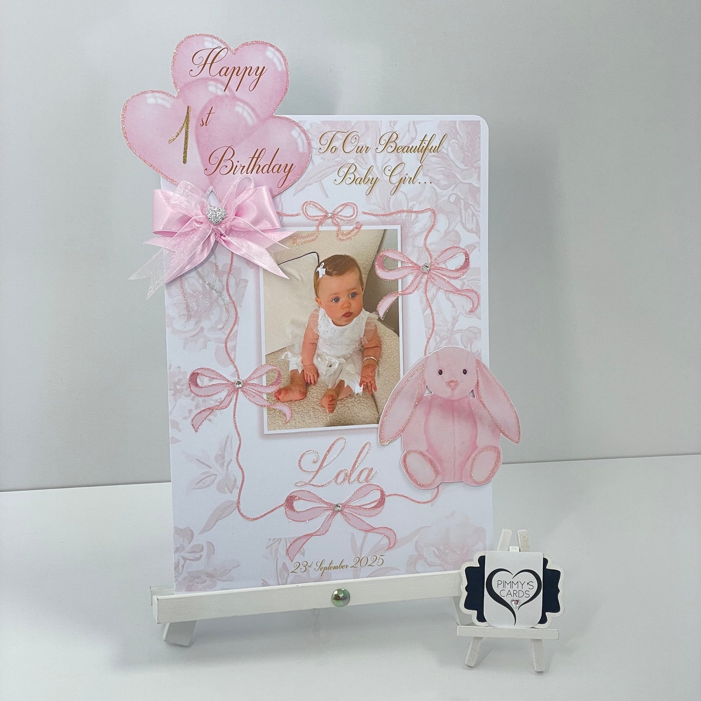 Pink Bow Toile & Jellycat Bunny Theme Photo 3D Pop Out Card