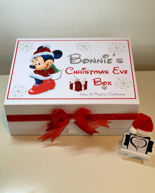 Personalised Christmas Eve box with a baby design and red ribbon bow. Minnie Mouse Theme Christmas eve box