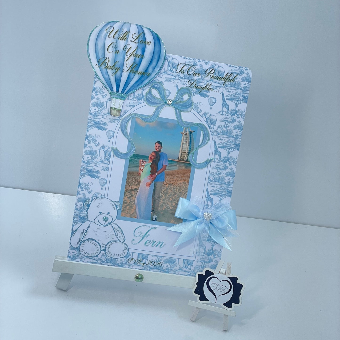 Blue Toile Hot Air Balloon & Teddy  3D Pop Out Card
