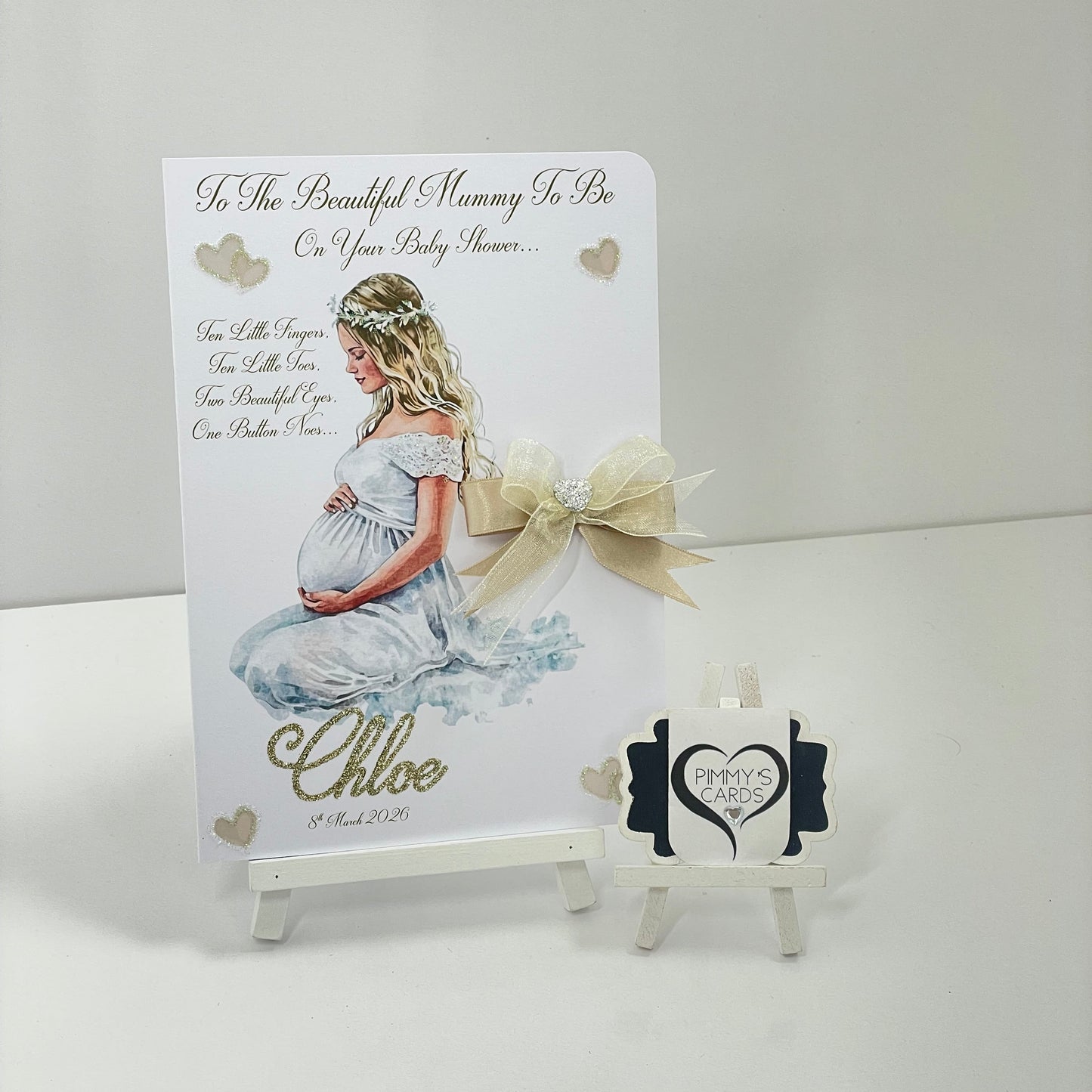 Baby shower personalised cards. lady holding her bump