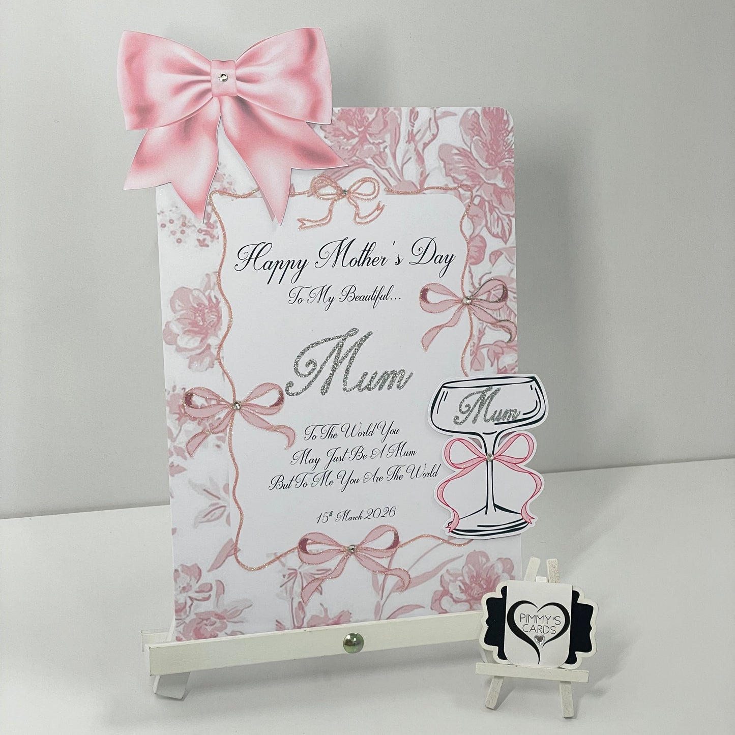 Pink Bow Toile Theme 3D Cocktail Glass Pop Out Card