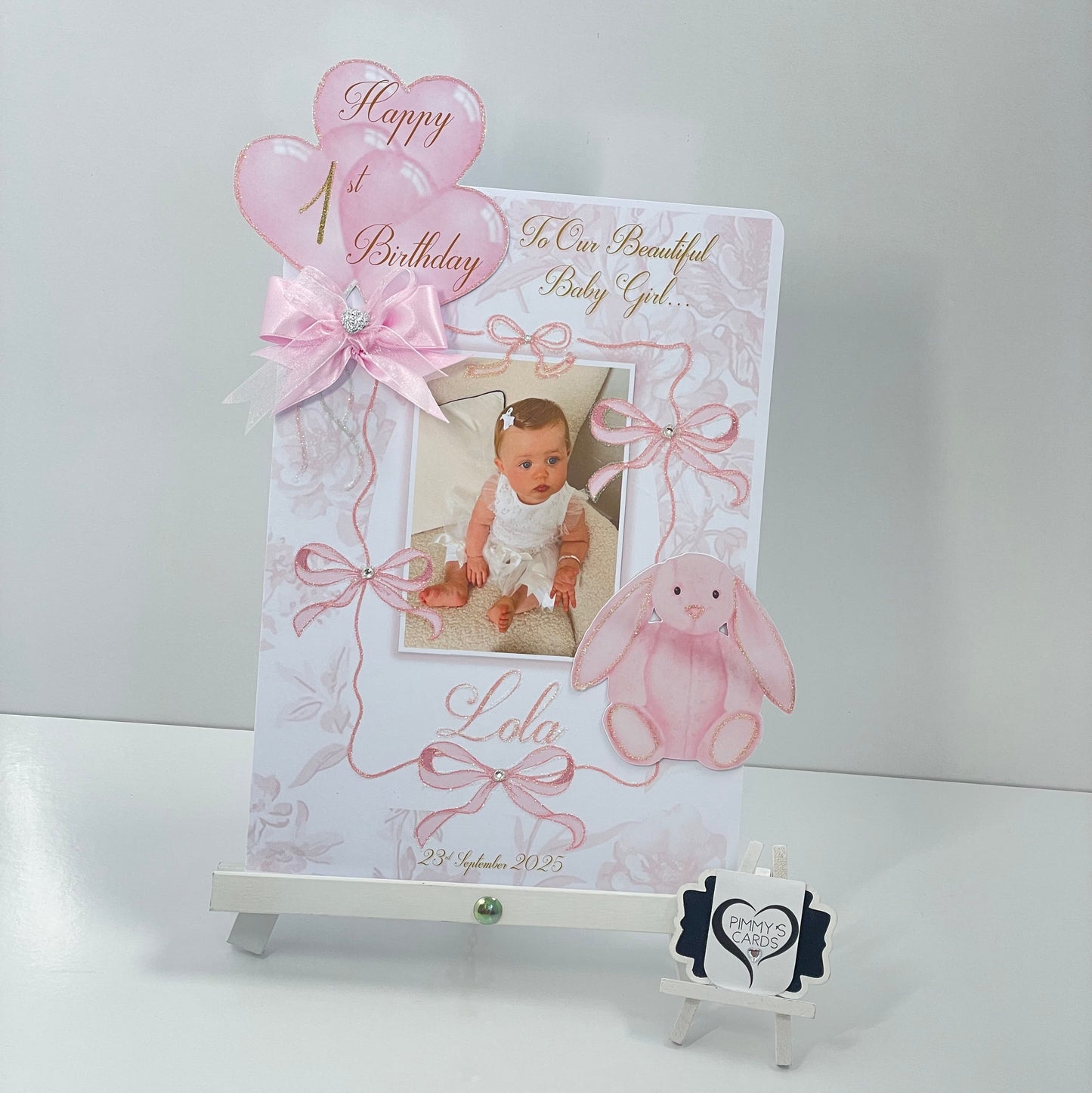 Pink Bow Toile & Jellycat Bunny Theme Photo 3D Pop Out Card