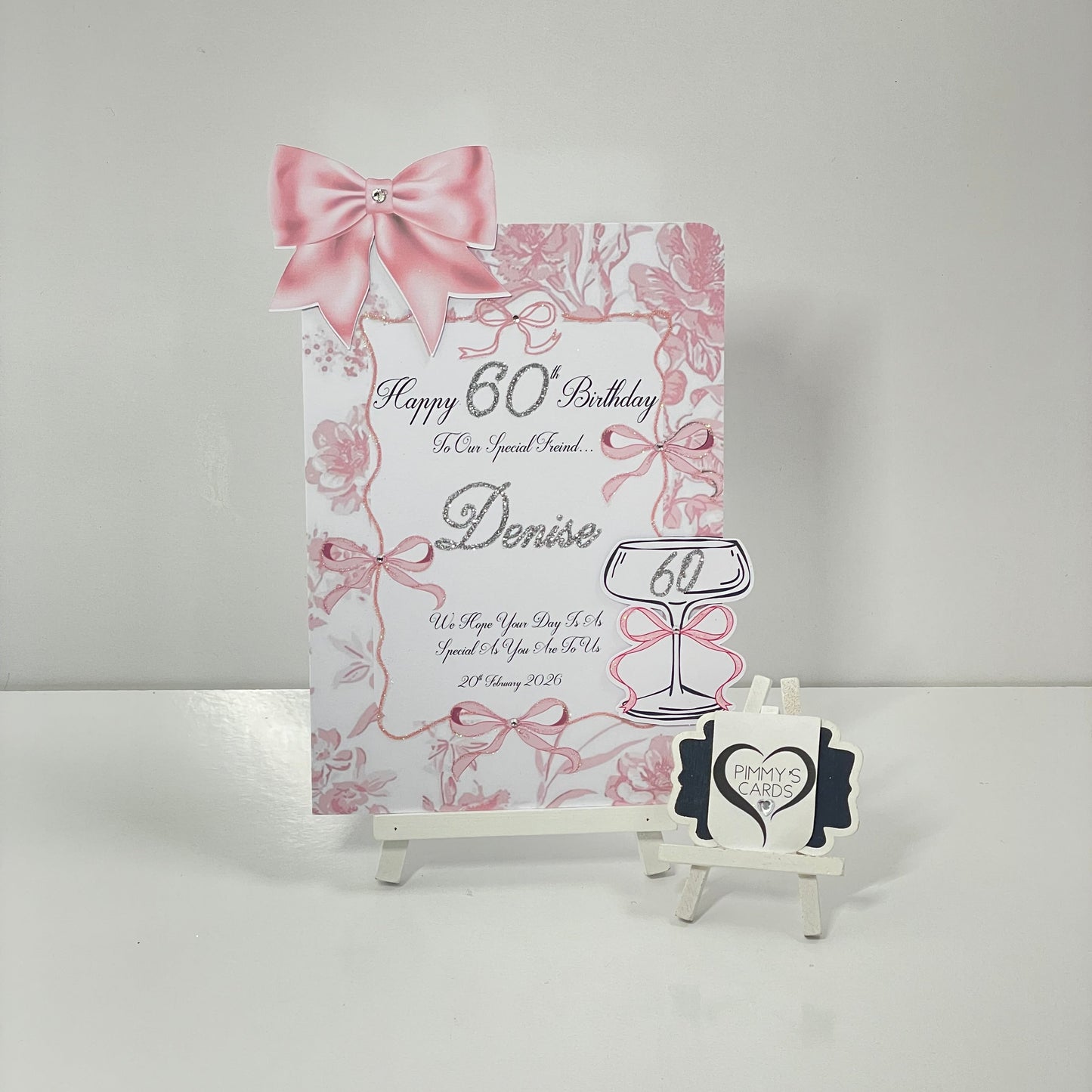 Pink Bow Toile Theme 3D Cocktail Glass Pop Out Card-A5 Small Card With Matching Gift Bag