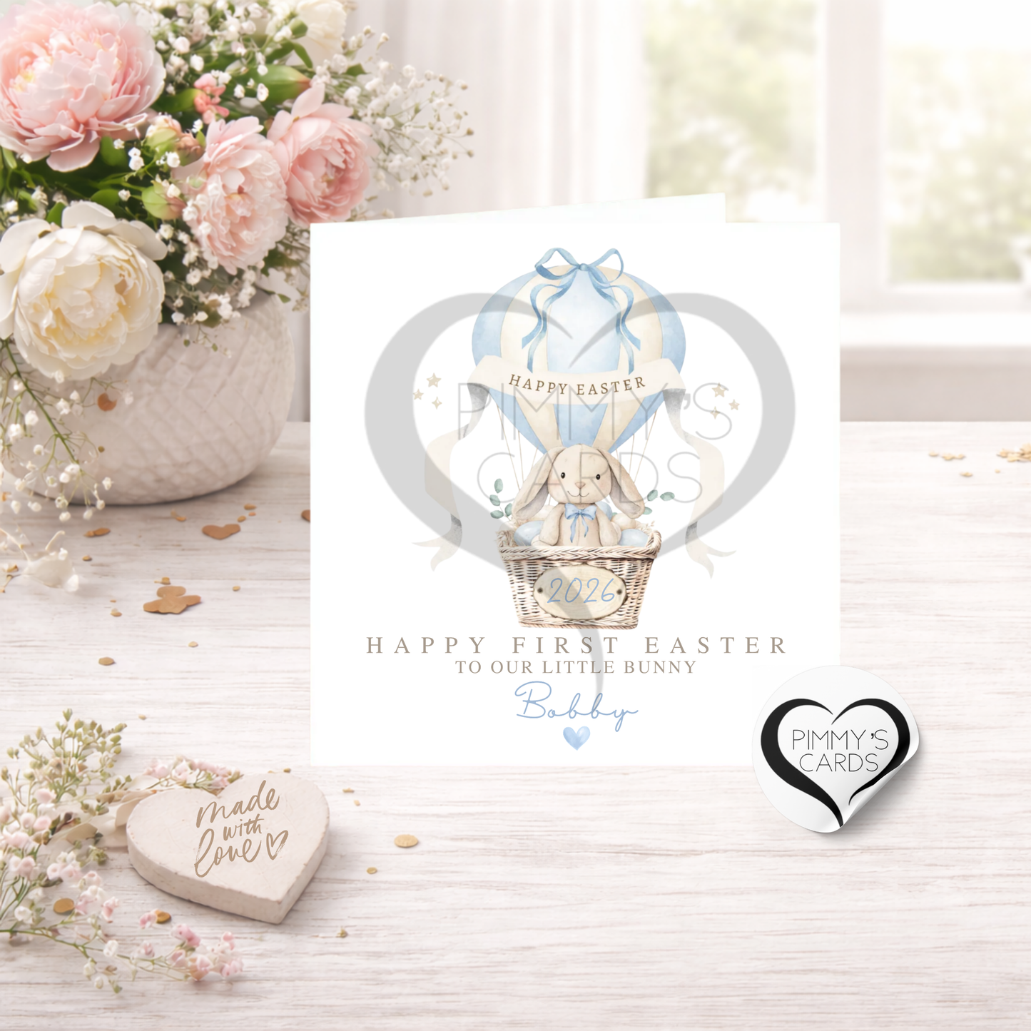 Easter Bunny Hot Air Balloon Blue Theme-Classic Card