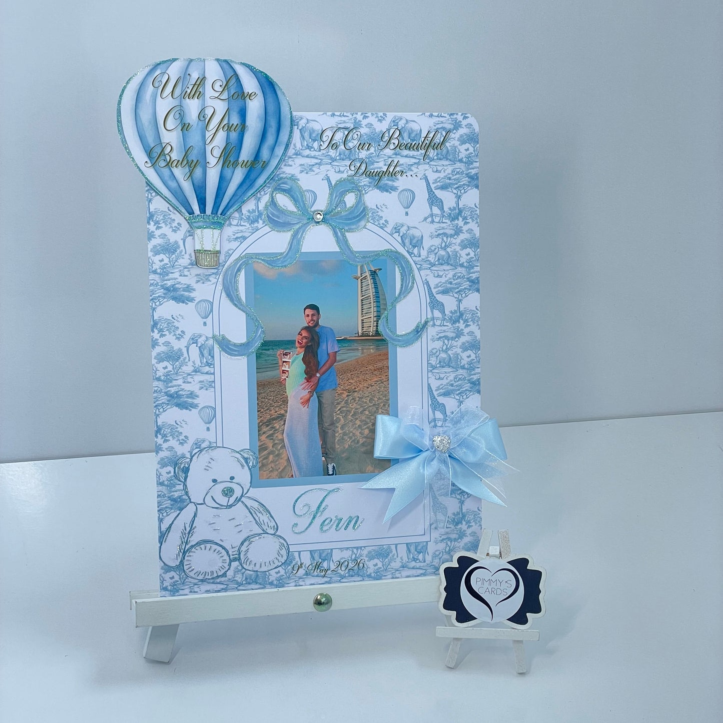 Blue Toile Hot Air Balloon & Teddy  3D Pop Out Card