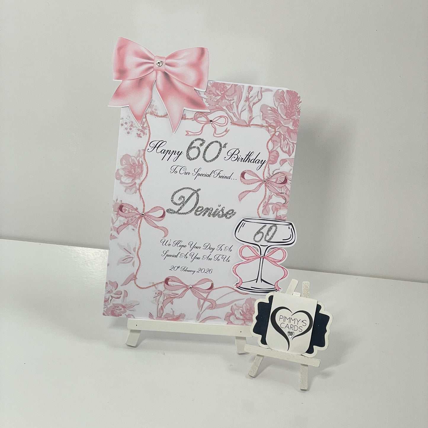 Pink Bow Toile Theme 3D Cocktail Glass Pop Out Card-A5 Small Card With Matching Gift Bag