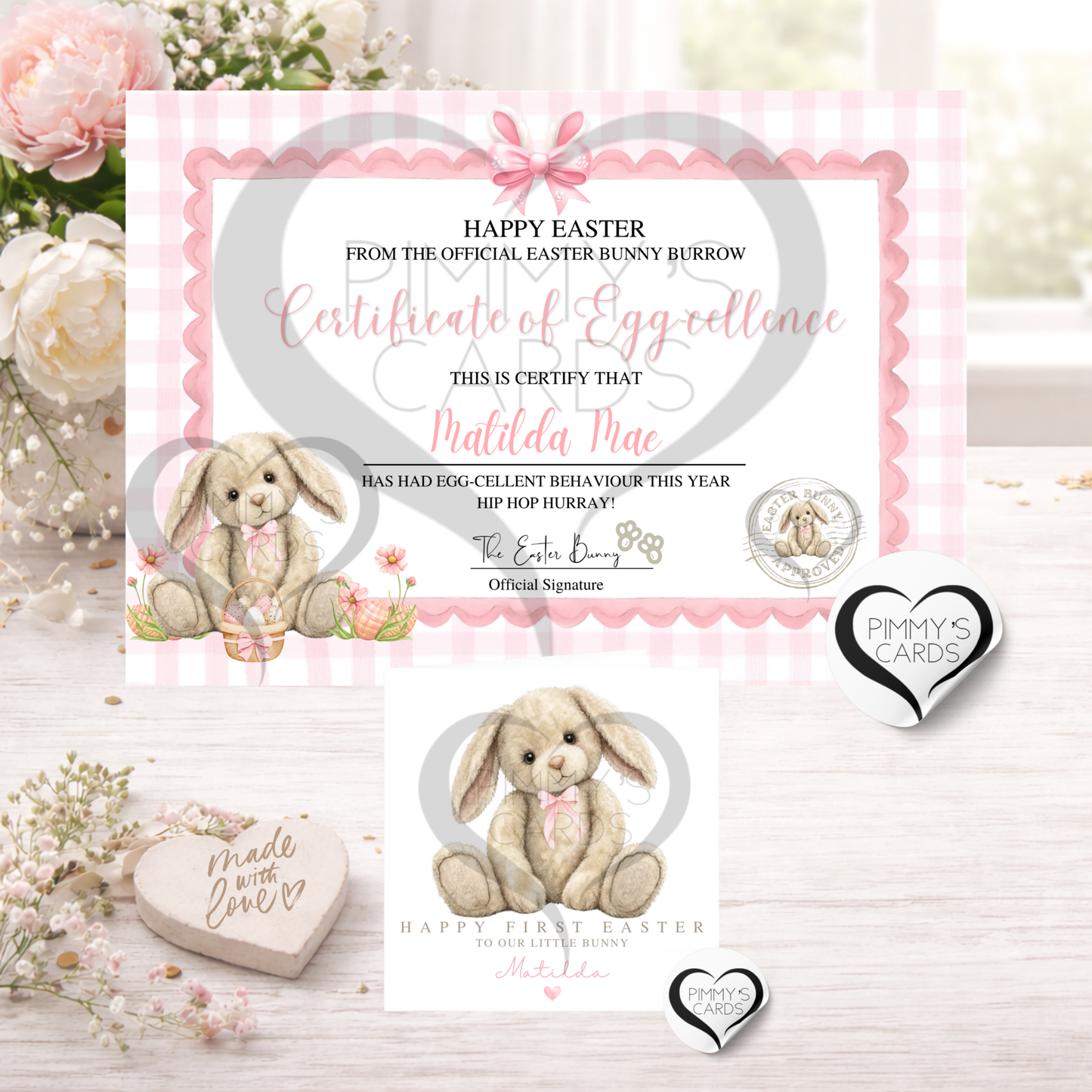 Personalised Pink Easter Bunny Certificate With Matching Classic Easter Card, Children's Keepsake Gift