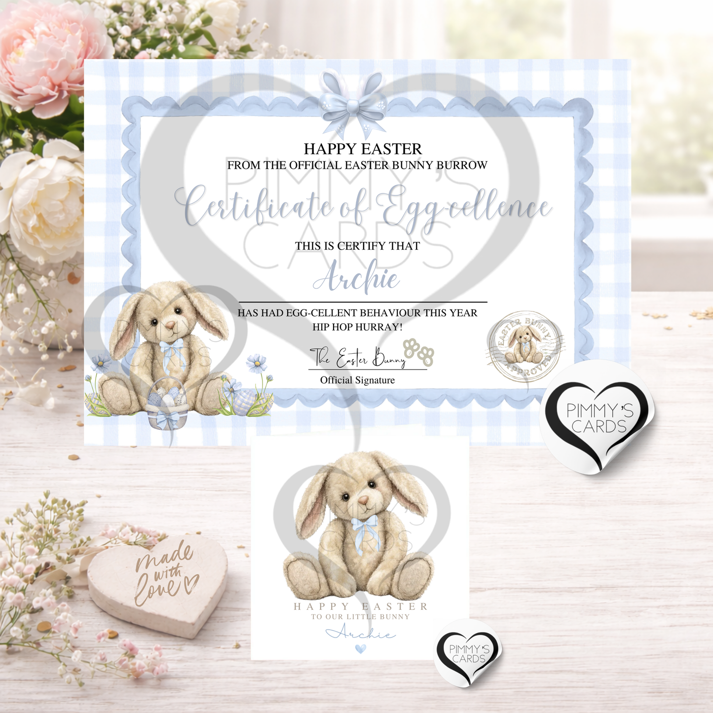 Personalised Blue Easter Bunny Certificate With Matching Classic Easter Card, Children's Keepsake Gift