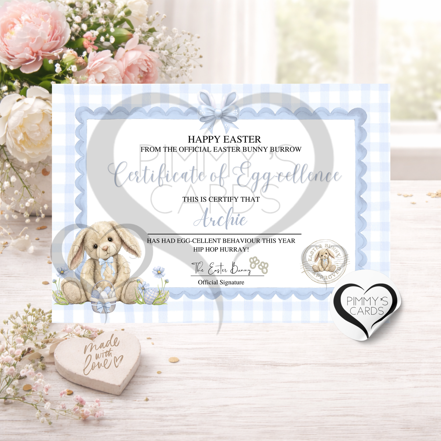 Personalised Blue Easter Bunny Certificate With Matching Classic Easter Card, Children's Keepsake Gift