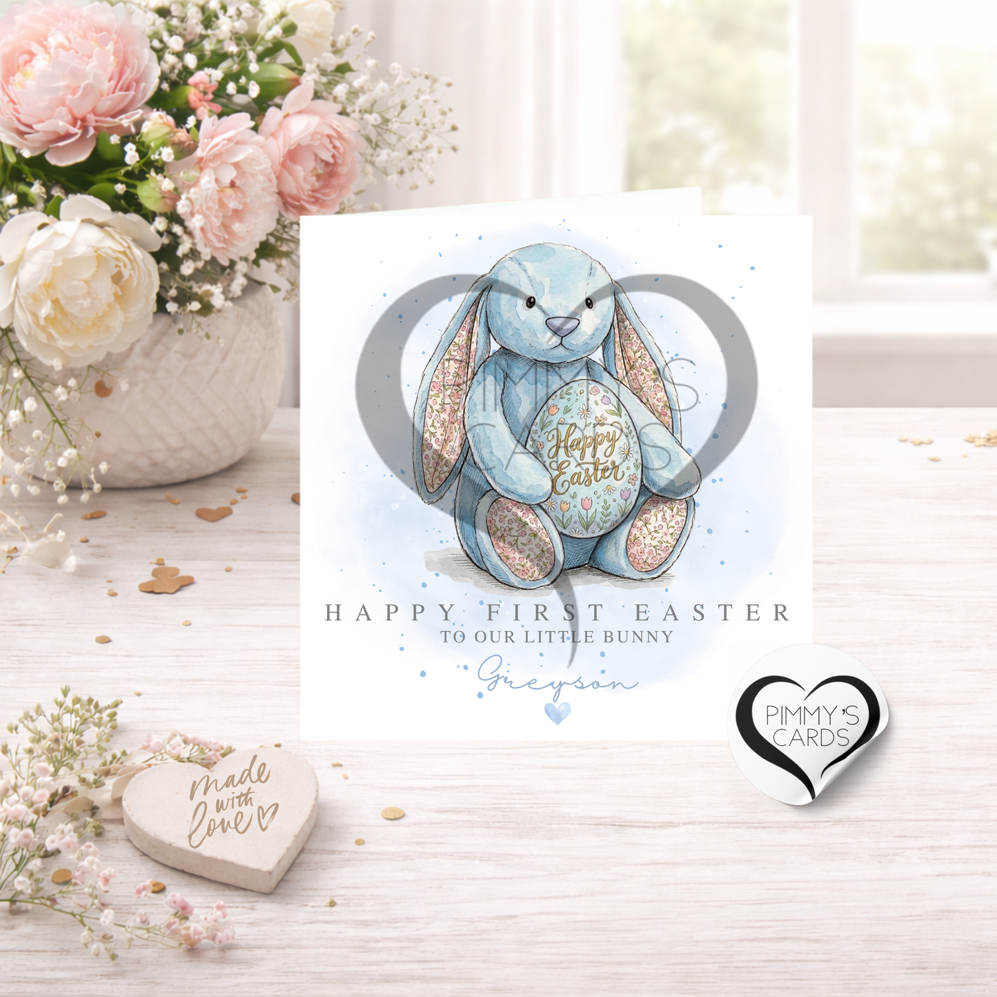 Blue Jellycat Inspired Bunny Holding Easter Egg -Classic Easter Card