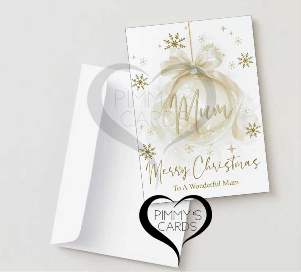 Christmas card with gold bow and 'Merry Christmas to a wonderful mum' text on a white background