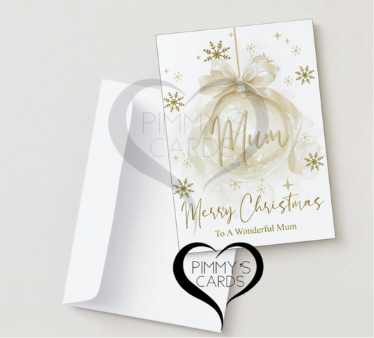 Christmas card with gold bow and 'Merry Christmas to a wonderful mum' text on a white background