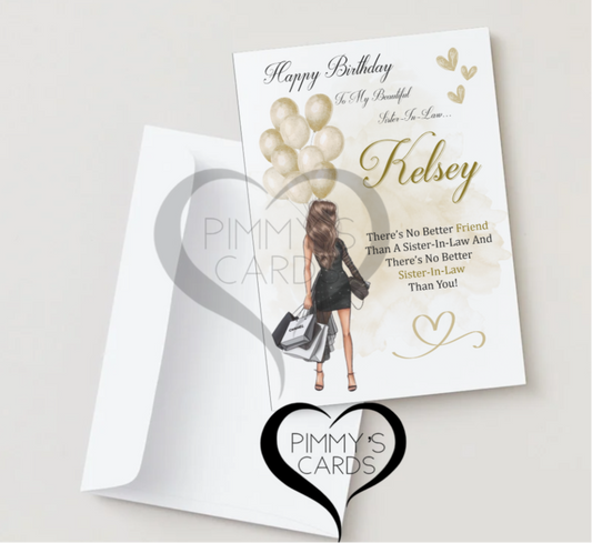 Personalised birthday cards for women and girls. Gold theme birthday card