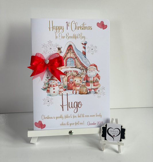 First Christmas personalised cards Santa's north pole theme red bow 