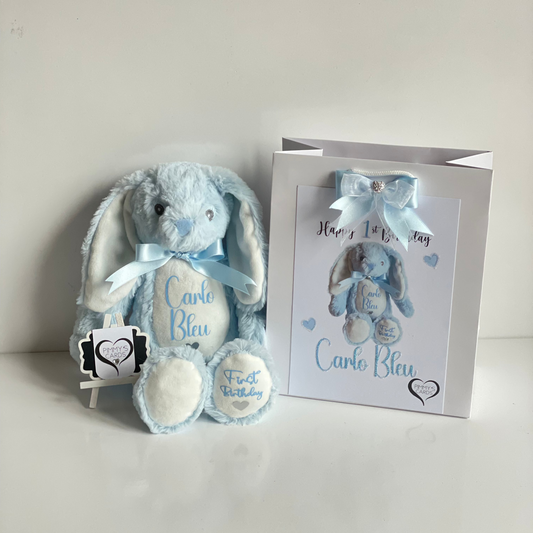 First Birthday Baby Blue Bunny - Pimmy's Soft Cuddlers
