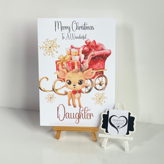 Christmas card with reindeer and presents on a white background
