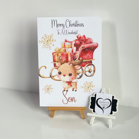 Christmas card with reindeer and presents on a white background
