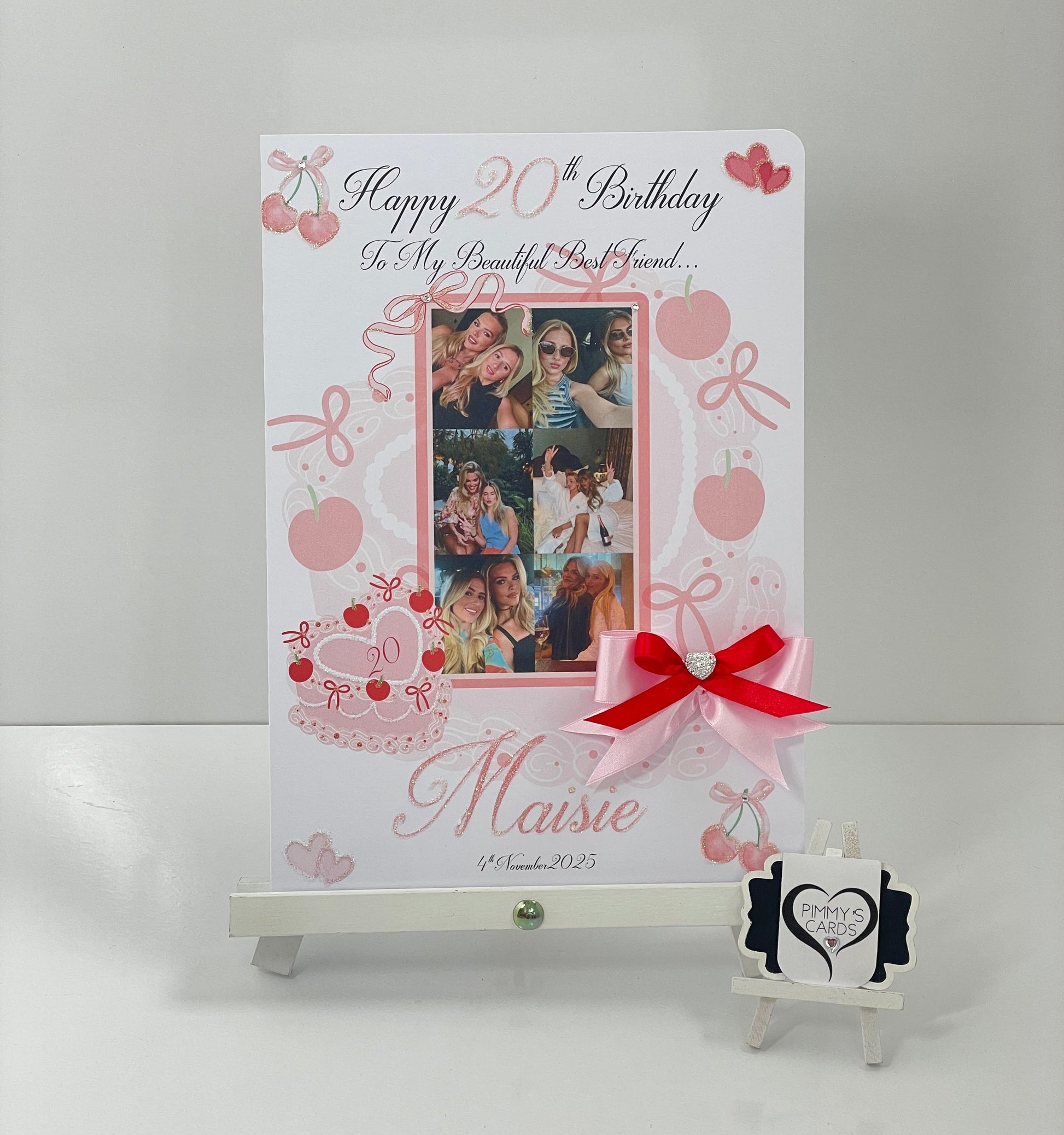 Personalised handmade photo card. Cherry bow cake theme