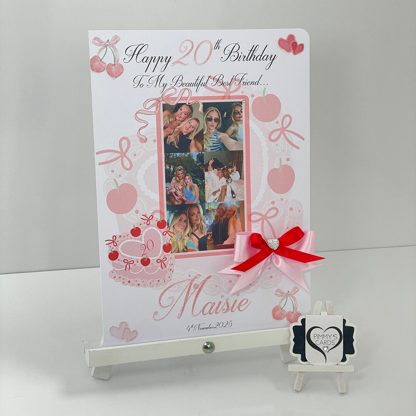 Bows & Cherry Heart Cake Red & Pink Theme Photo Card