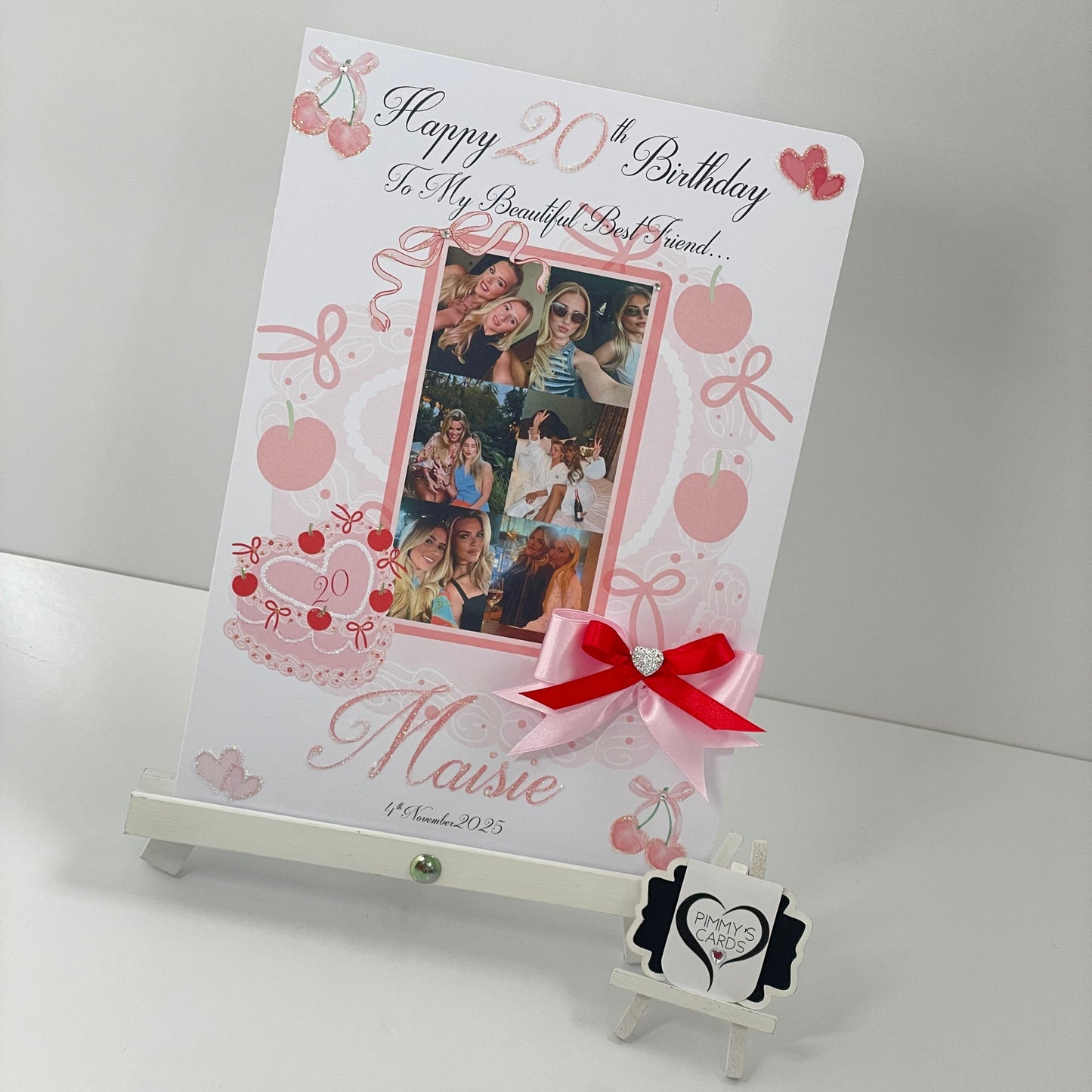 Bows & Cherry Heart Cake Red & Pink Theme Photo Card