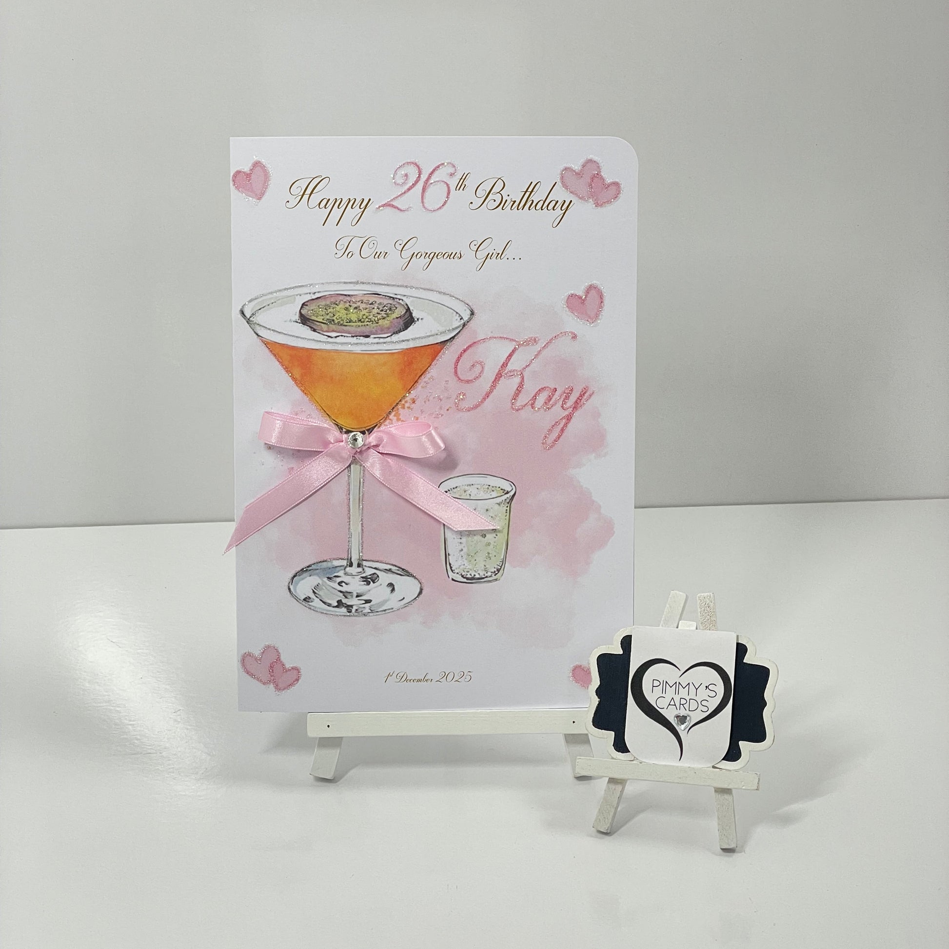 Personalised Birthday card with pornstar martini cocktail illustration and pink bow 