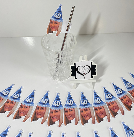 Personalised Face AGE Party Hat Straw Toppers - Navy Party Hat - Pack Of 16 Faces