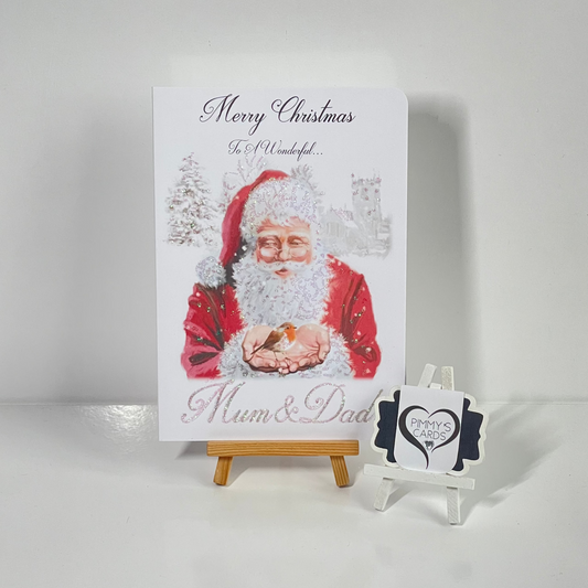 Father Christmas Holding A Robin-Generic Christmas Cards-Mum & Dad