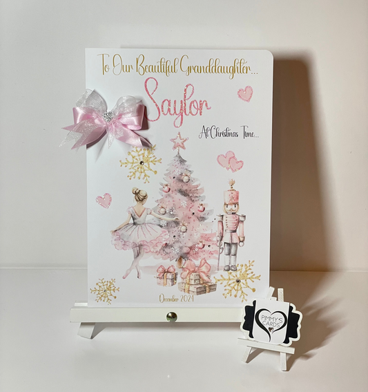 Personalised Christmas cards. Pink nutcracker Christmas tree theme.