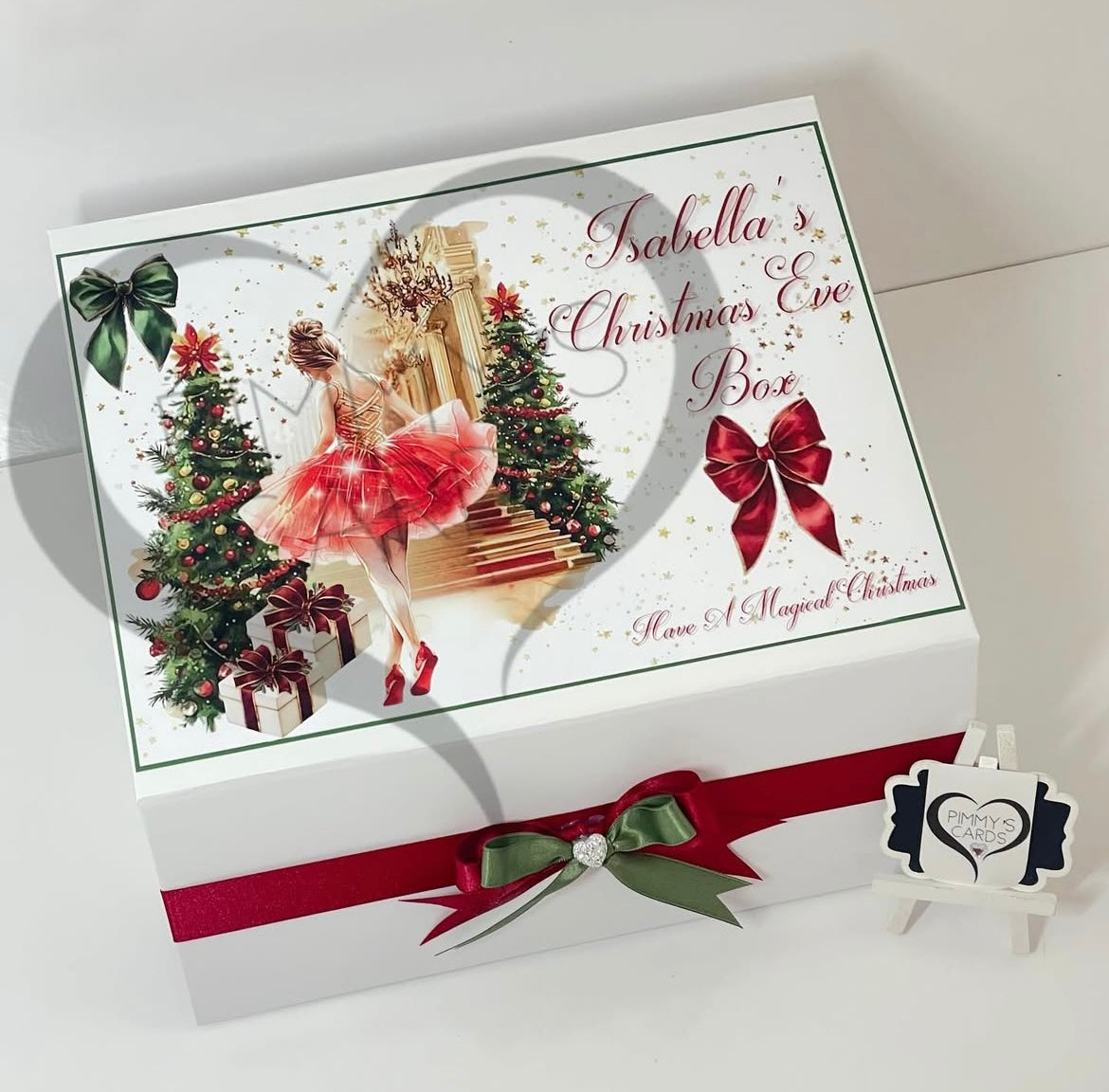 Personalised Christmas eve boxes Christmas themed gift box with Ballerina Fairy Nutcracker design and decorative ribbon.