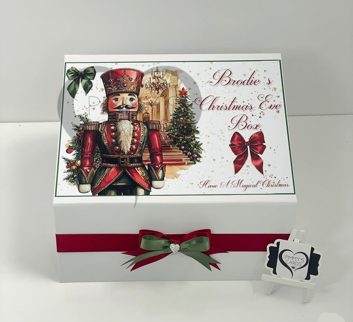 Personalised Christmas eve boxes Christmas themed gift box with Nutcracker design and decorative ribbon.