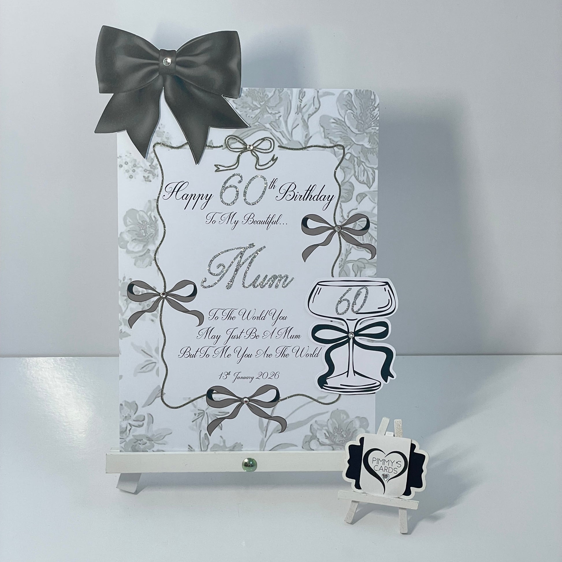 Personalised handmade card with black bow toile theme card with cocktail theme card black theme.