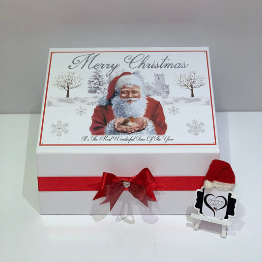 Personalised Christmas Box and Christmas Eve box with father Christmas holding robin.