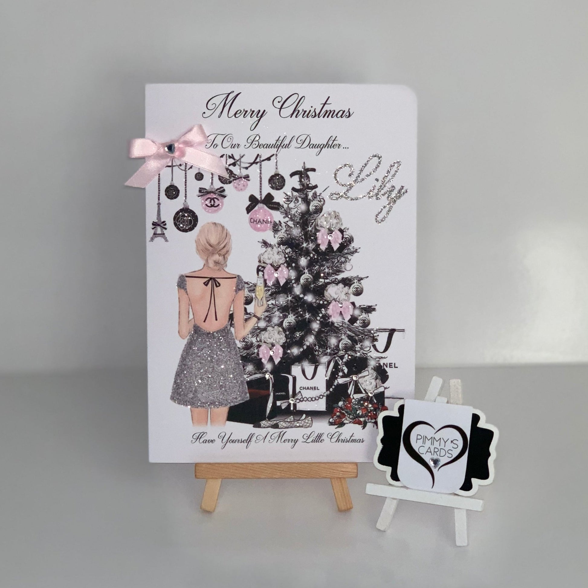 Pink Christmas tree theme bow design card