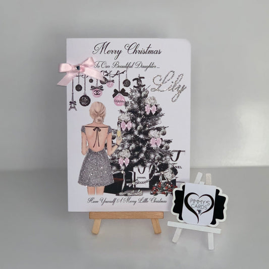 Pink Christmas tree theme bow design card