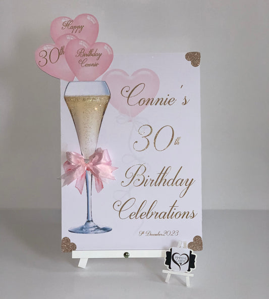 Pink Champagne Bow Glass Party Sign