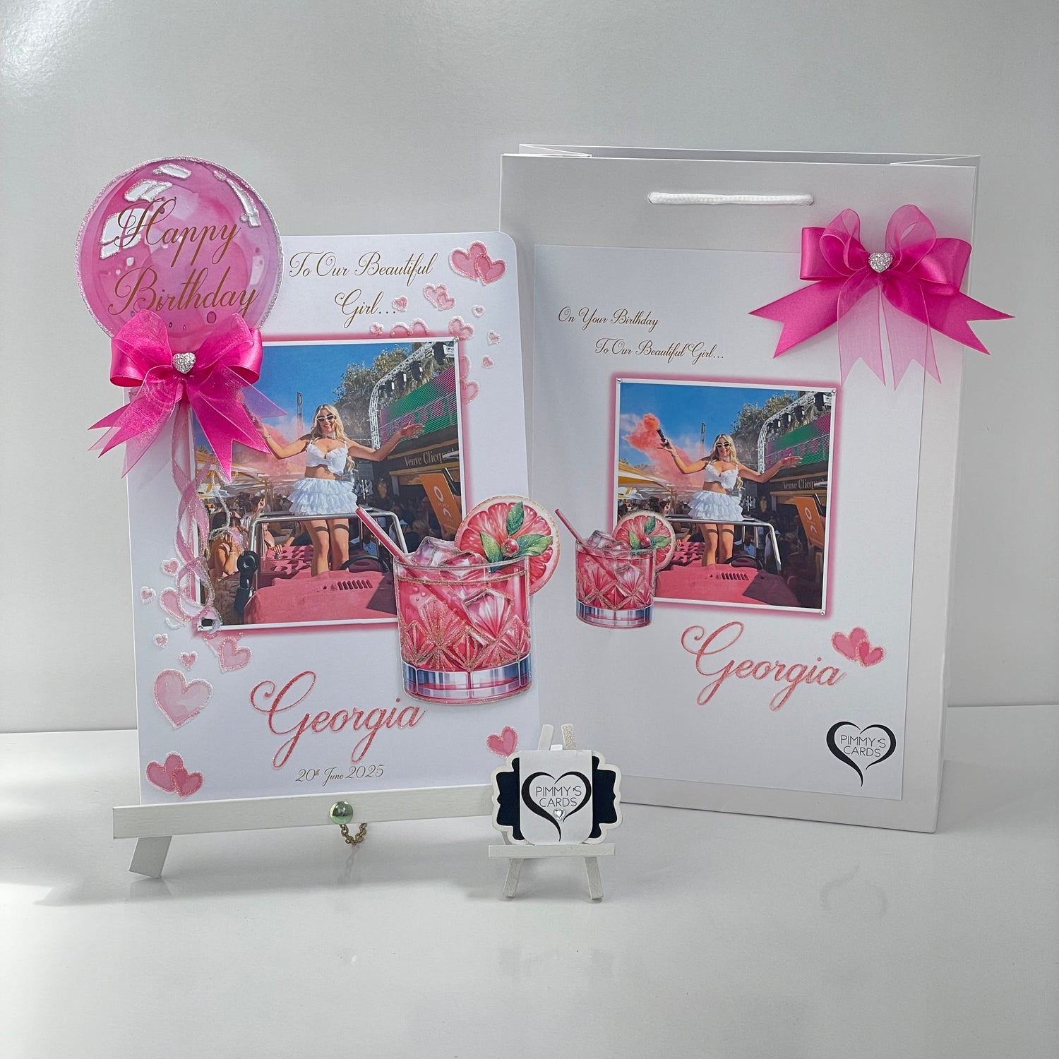 Fuchsia Pink balloon cocktail theme personalised card  and matching gift bag for Georgia Kousoulou. Georgia Kousoslou Towie hen do card.
