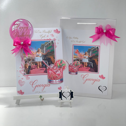 Fuchsia Pink balloon cocktail theme personalised card  and matching gift bag for Georgia Kousoulou. Georgia Kousoslou Towie hen do card.