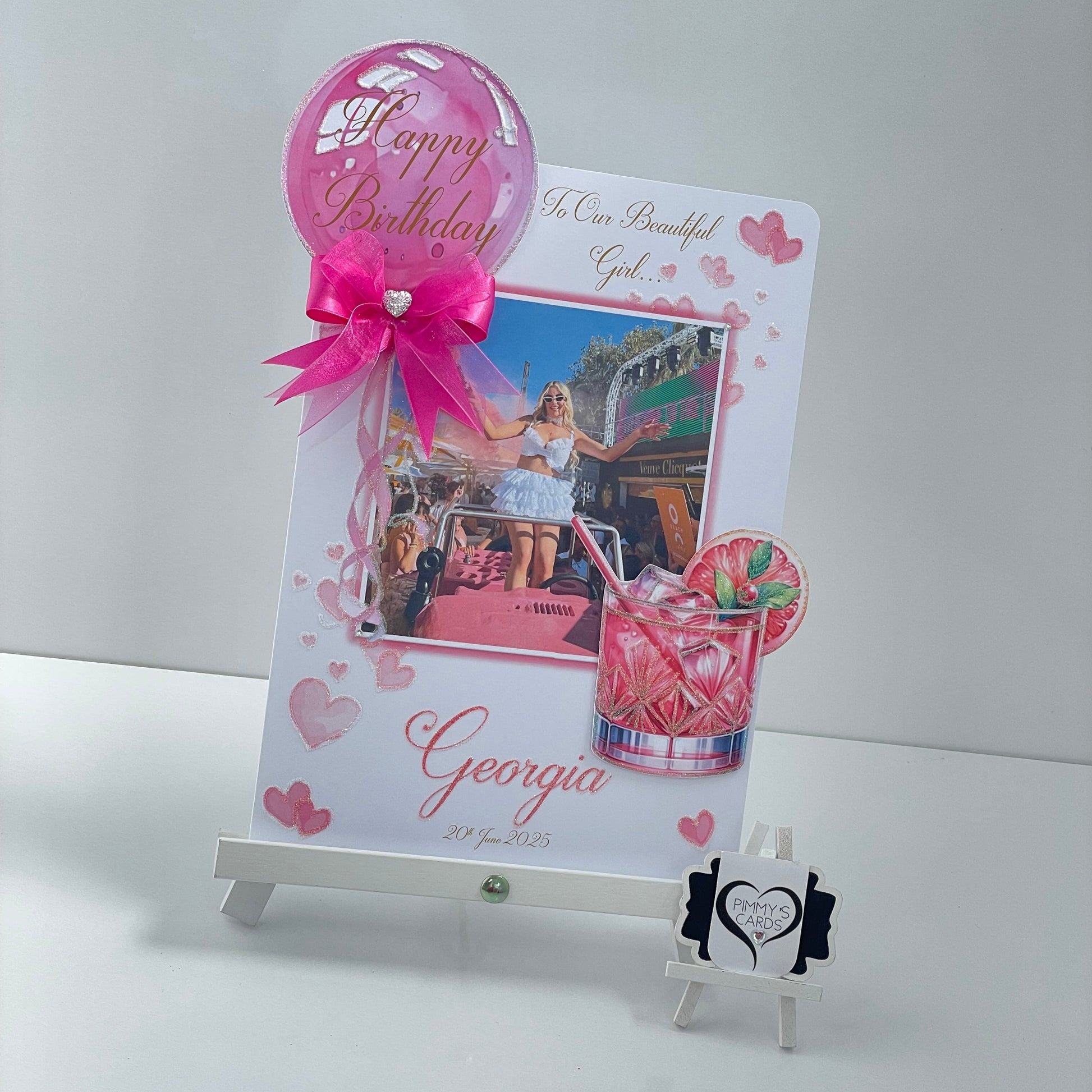 Fuchsia Pink balloon cocktail theme personalised card  and matching gift bag for Georgia Kousoulou. Georgia Kousoslou Towie hen do card.