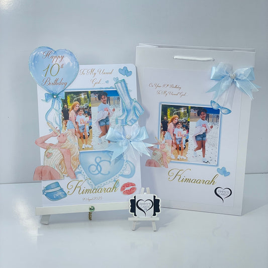 Sabrina Carpenter theme personalised handmade card with matching gift bag.