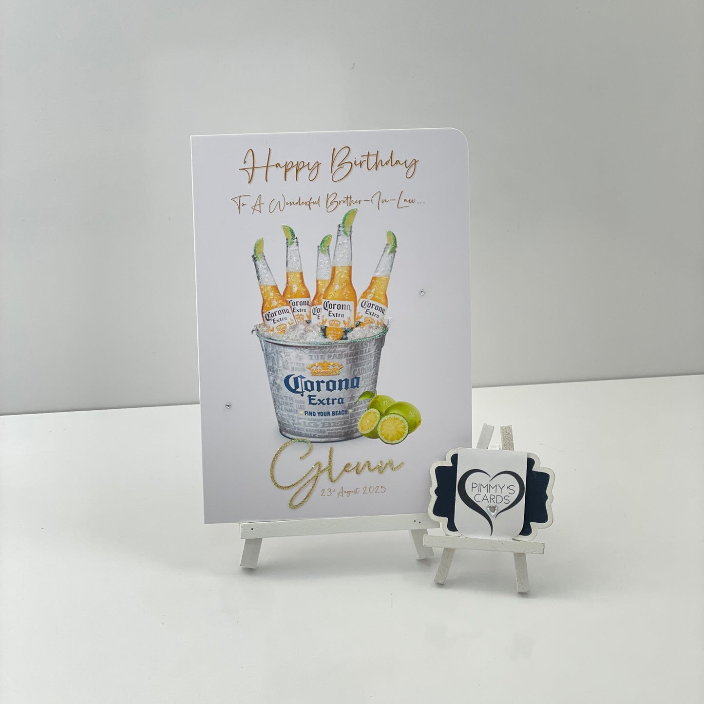 Greeting card with Corona Extra beer design on a white background