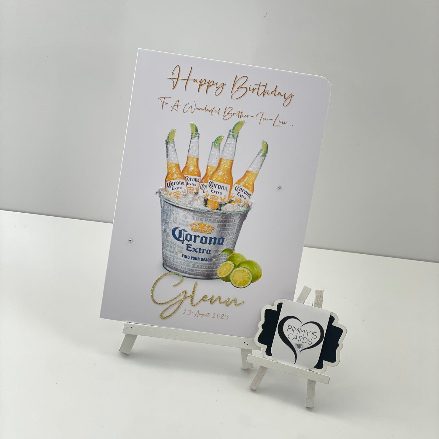 Birthday card with Corona Extra beer design on a white background