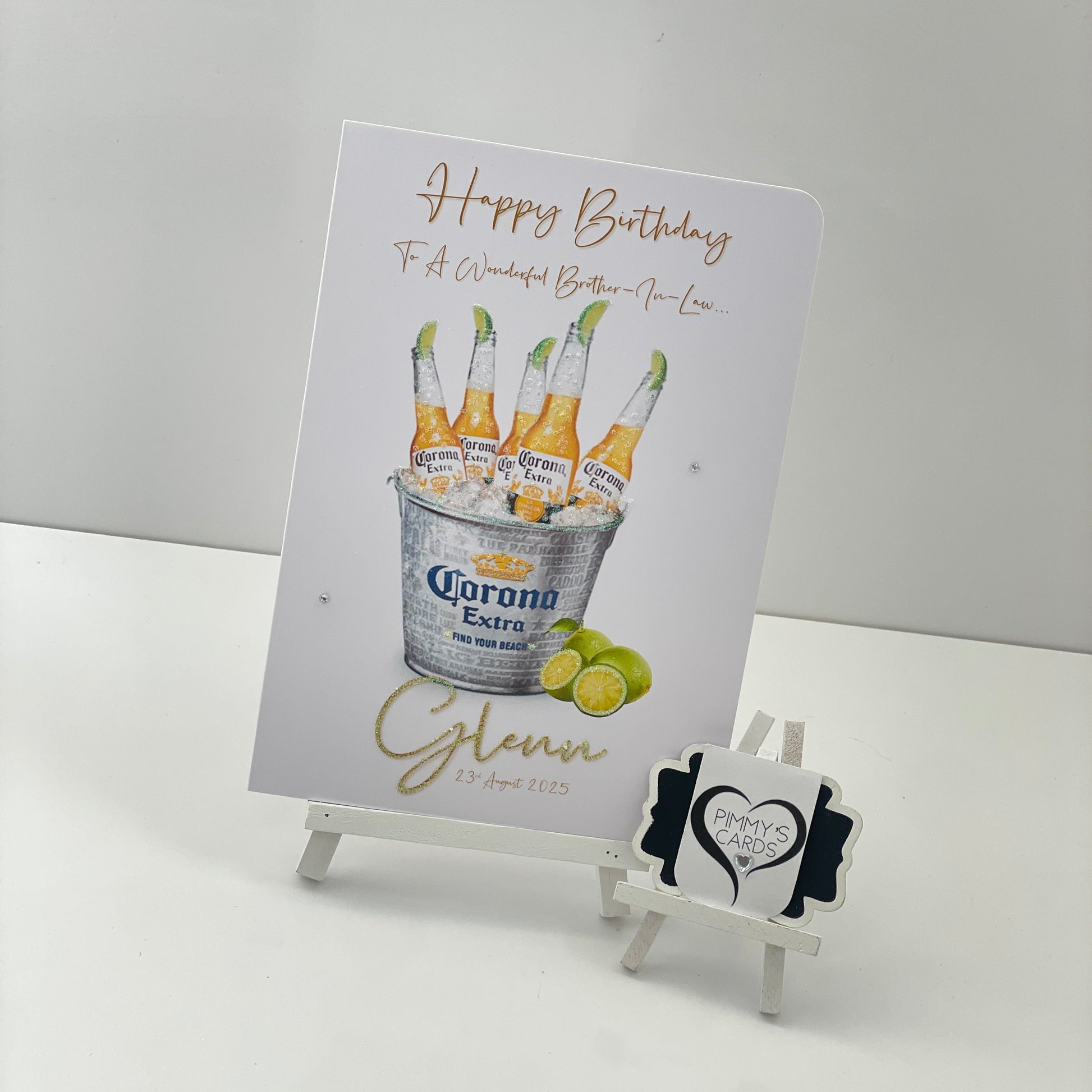 Birthday card with Corona Extra beer design on a white background
