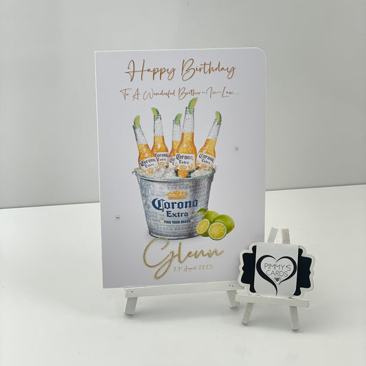 Card with Corona Extra beer can design and 'Happy Birthday' text on a white background