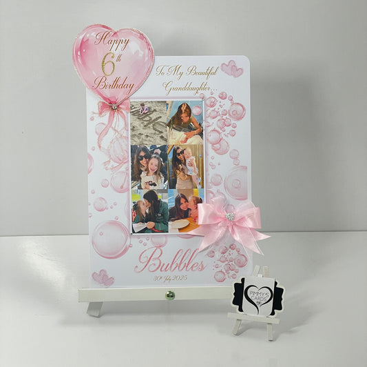 Pink bubbles birthday photo card