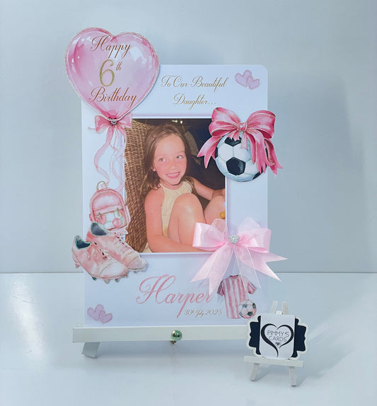 Pink football theme photo birthday card 