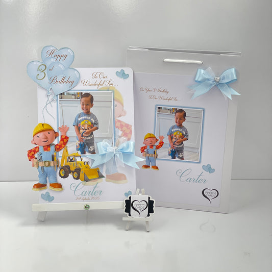 Bob the builder theme personalised birthday card with matching gift bag 
