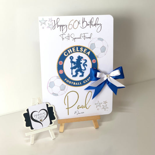 Birthday card with Chelsea Football Club logo and a blue ribbon on a white background