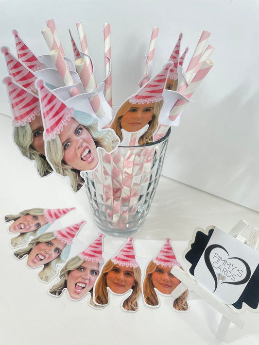 Personalised Face Straw Toppers - Pink Party Hat - Pack Of 16 Faces